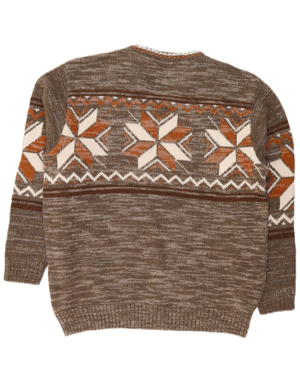Vintage Mens V-Neck Jumper Sweater Large Khaki Fair Isle Acrylic