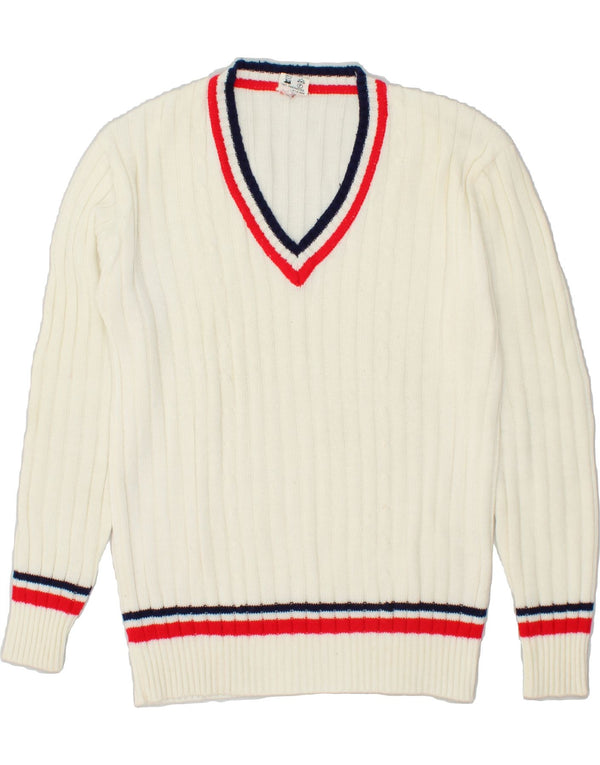 MAJESTIC Mens V-Neck Jumper Sweater Large Off White Acrylic