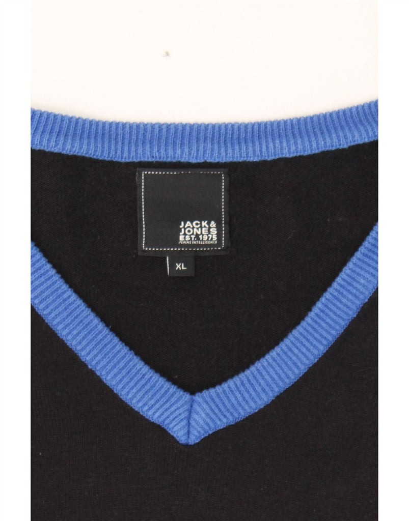 JACK & JONES Mens V-Neck Jumper Sweater XL Black Cotton Vintage Jack & Jones and Second-Hand Jack & Jones from Messina Hembry 
