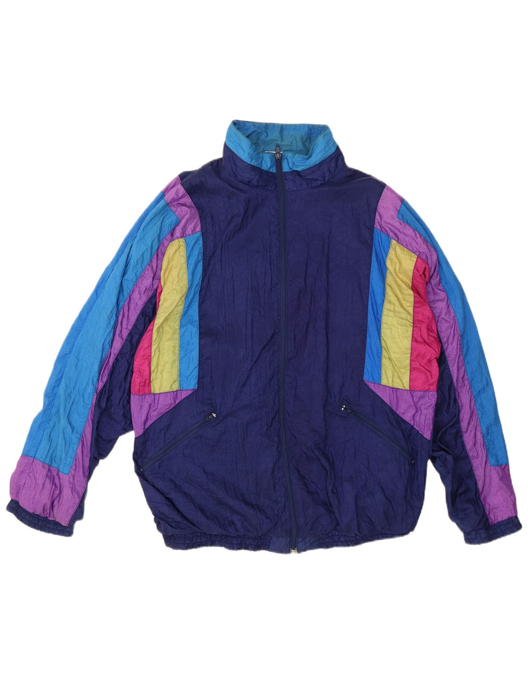 VINTAGE Mens Tracksuit Top Jacket XL Navy Blue Colourblock Nylon
