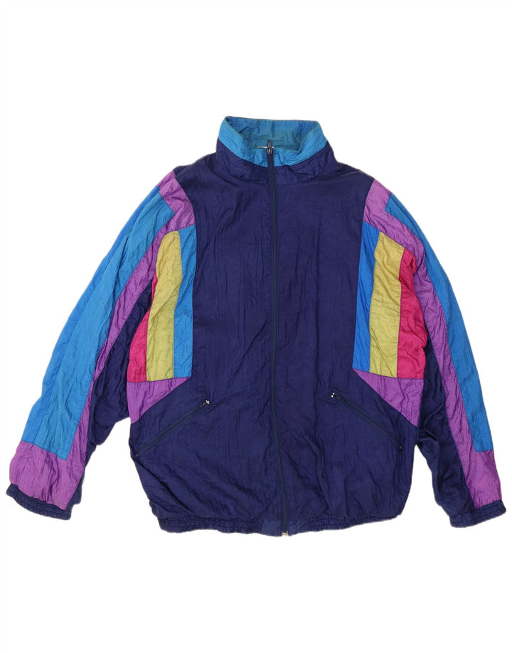 VINTAGE Mens Tracksuit Top Jacket XL Navy Blue Colourblock Nylon