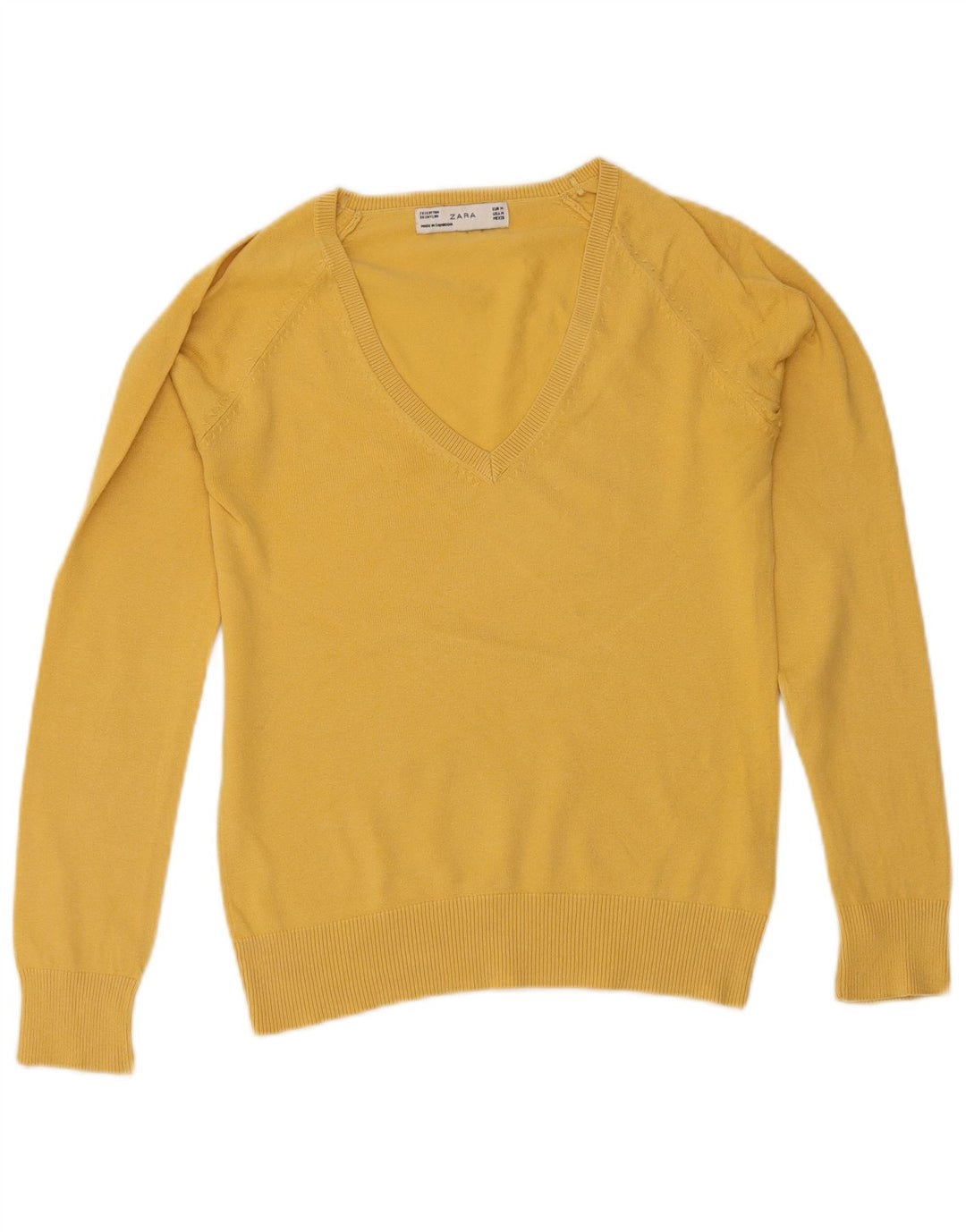 Zara Womens V-Neck Jumper Sweater UK 12 Medium Yellow Cotton