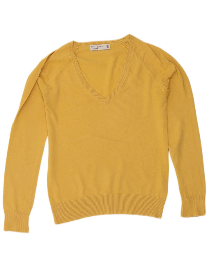 Zara Womens V-Neck Jumper Sweater UK 12 Medium Yellow Cotton