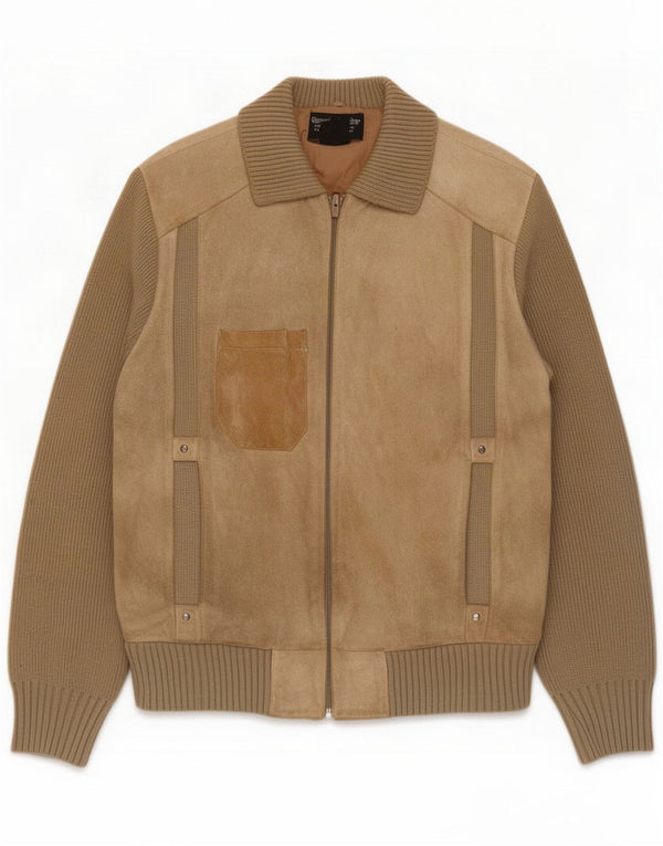 Vintage Mens Suede Bomber Jacket UK 38 Medium Khaki Colourblock Leather
