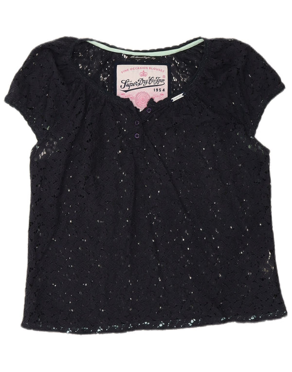 Superdry Womens See Through Lace Blouse Top UK 16 Large Navy Blue Cotton
