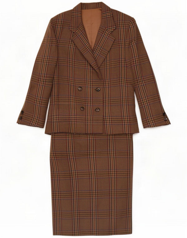 Vintage Womens 2 Piece Skirt Set UK 10 Small W22 Brown Plaid