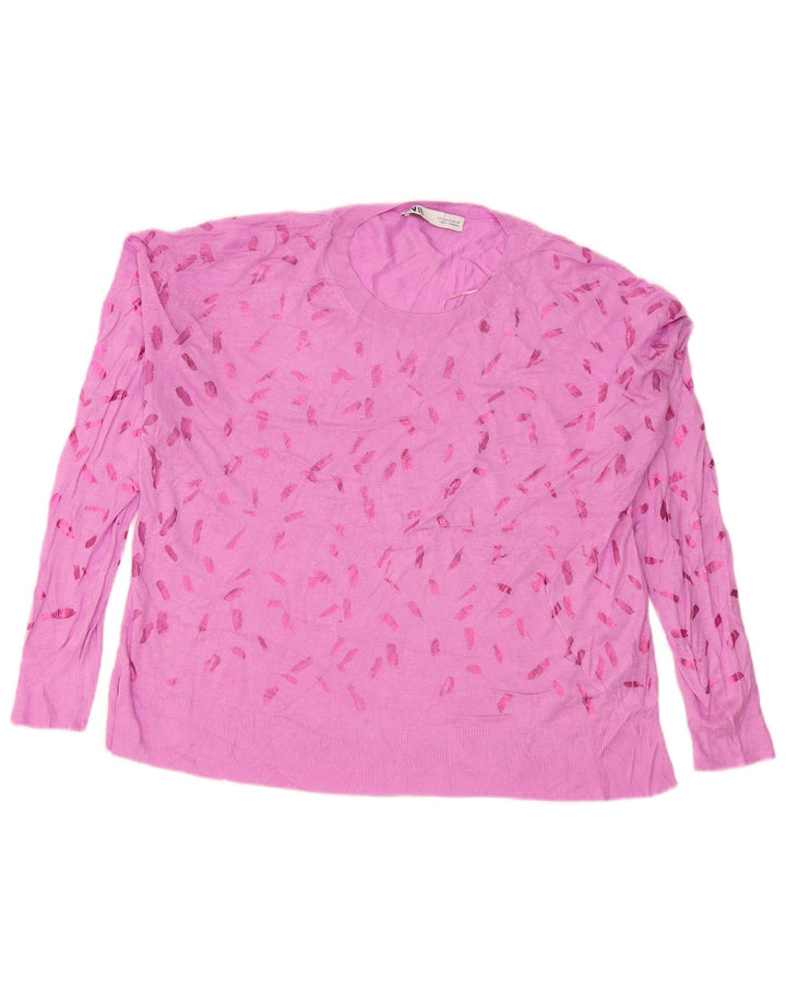 Zara Womens Abstract Pattern Crew Neck Jumper Sweater UK 16 Large Pink