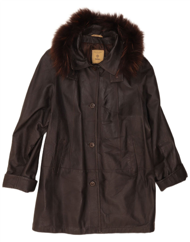 Privilegi Womens Hooded Oversized Leather Coat IT 50 XL Brown Leather
