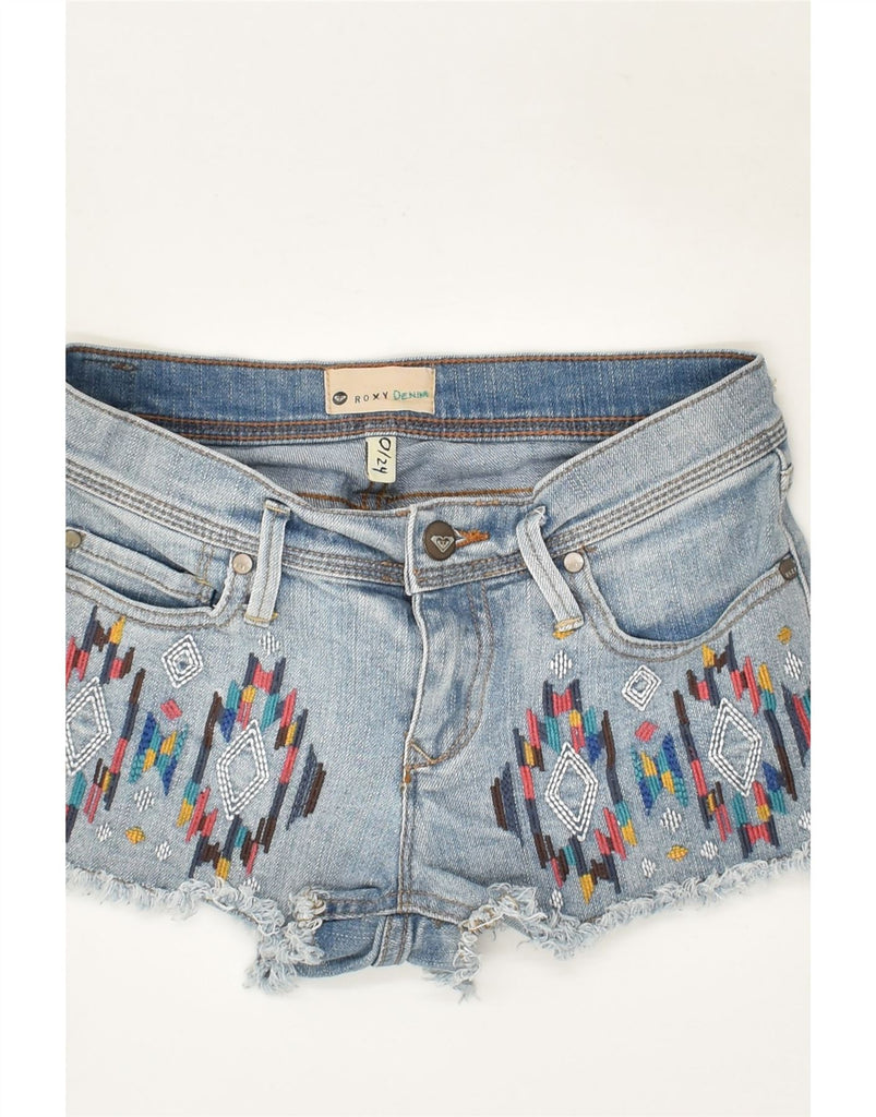 ROXY Womens Graphic Denim Hot Pants US 0 XS W24 Blue Geometric Cotton | Vintage Roxy | Thrift | Second-Hand Roxy | Used Clothing | Messina Hembry 