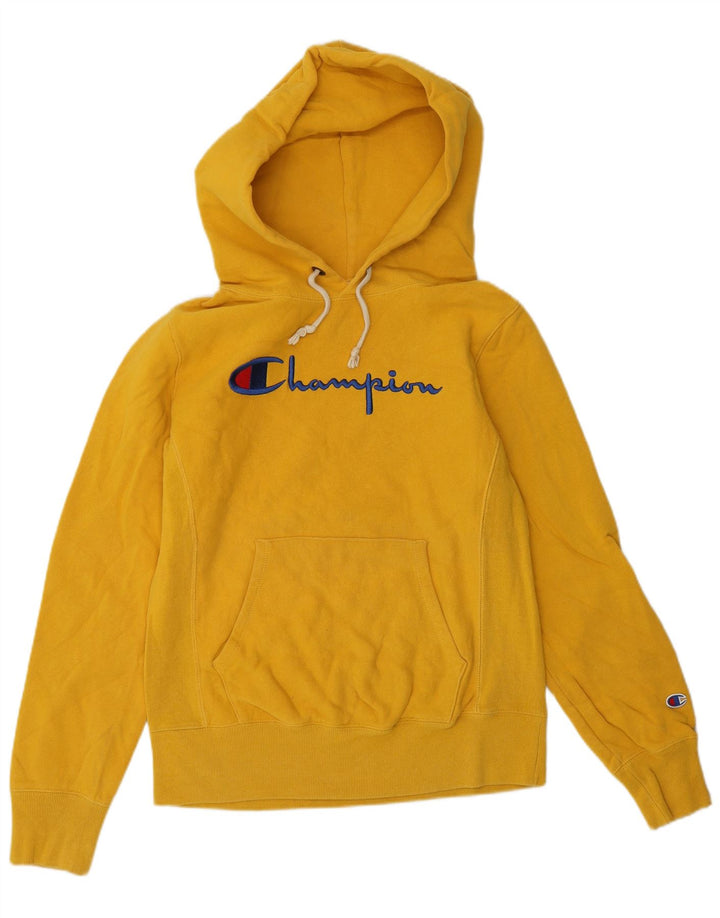 CHAMPION Womens Reverse Weave Graphic Hoodie Jumper UK 14 Medium Yellow