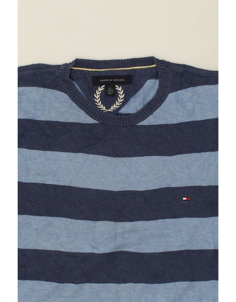 TOMMY HILFIGER Mens Crew Neck Jumper Sweater XL Navy Blue Striped Cotton | Vintage Tommy Hilfiger | Thrift | Second-Hand Tommy Hilfiger | Used Clothing | Messina Hembry 