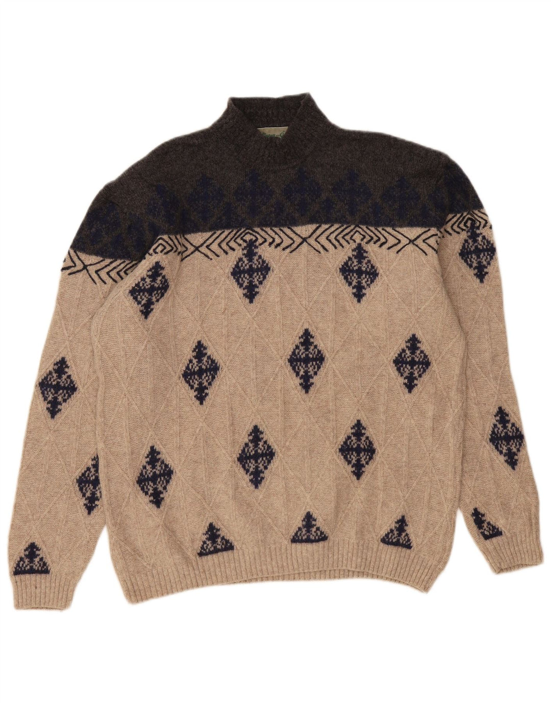 VINTAGE Mens Turtle Neck Jumper Sweater XL Beige Argyle/Diamond