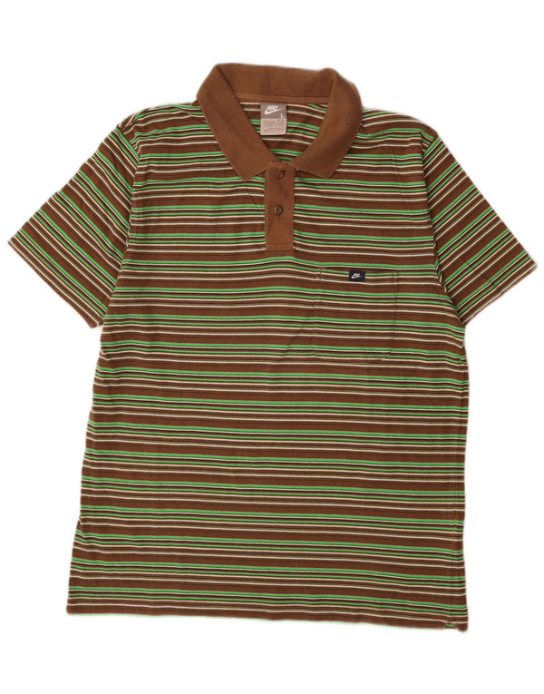 Nike Mens Polo Shirt UK 42/44 Large Brown Striped Cotton