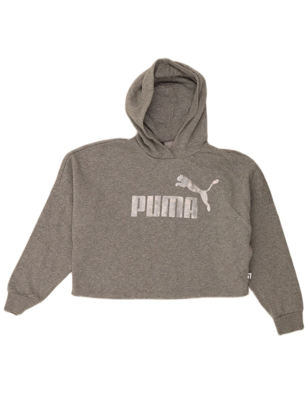 Puma Girls Crop Graphic Hoodie Jumper 11-12 Years Grey Flecked Cotton