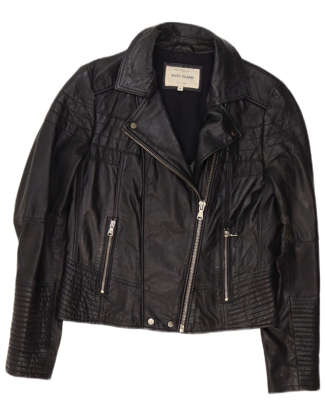 River Island Womens Leather Biker Jacket UK 12 Medium Black