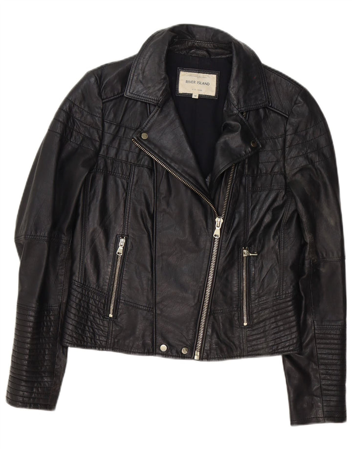 River Island Womens Leather Biker Jacket UK 12 Medium Black
