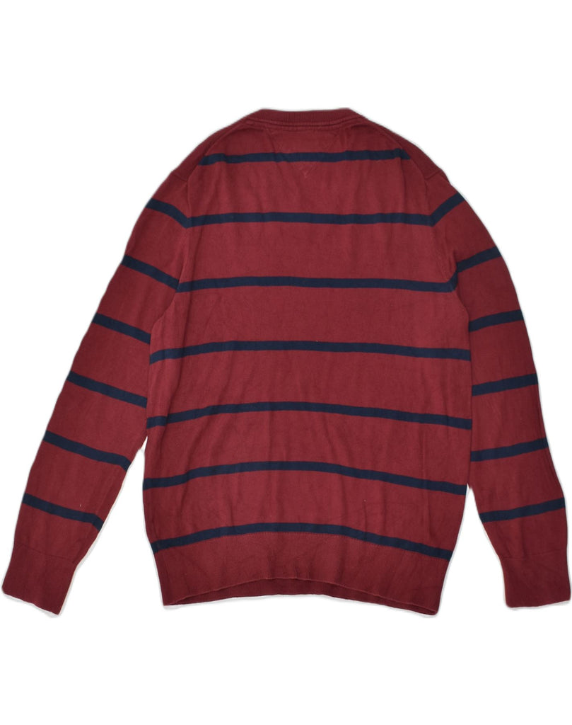 TOMMY HILFIGER Mens V-Neck Jumper Sweater Large Burgundy Striped Cotton | Vintage Tommy Hilfiger | Thrift | Second-Hand Tommy Hilfiger | Used Clothing | Messina Hembry 