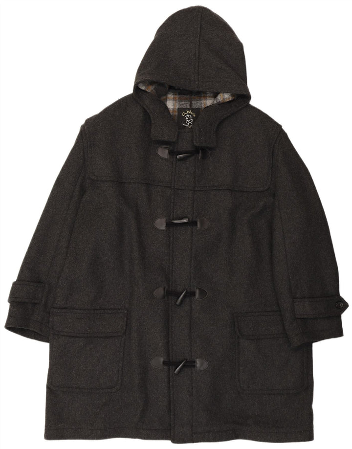 Vintage Mens Loose Fit Hooded Duffle Coat UK 50 4XL Grey Wool