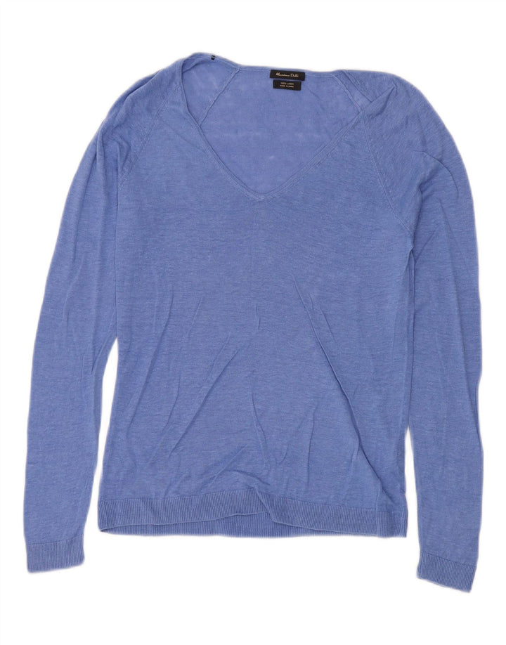 Massimo Dutti Womens V-Neck Jumper Sweater UK 12 Medium Blue Linen