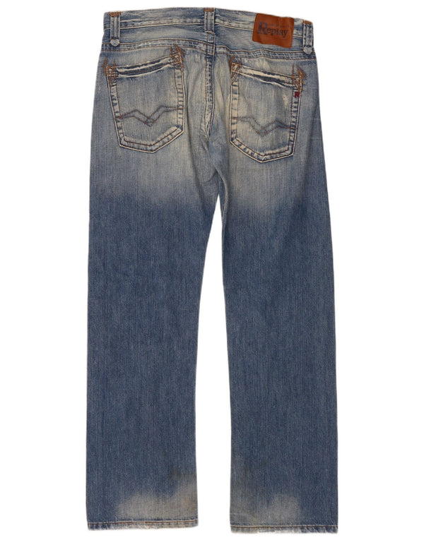 Replay Mens Distressed Regular Fit Straight Jeans W33 L32 Blue Cotton