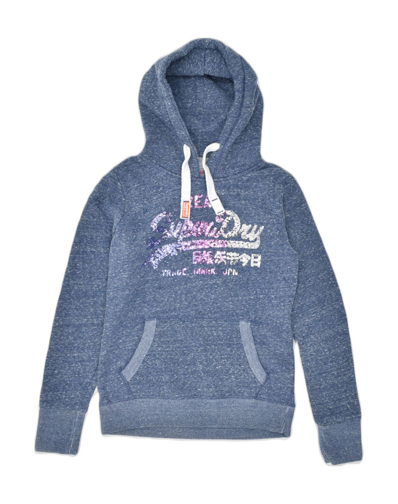 SUPERDRY Womens Graphic Hoodie Jumper UK 10 Small Blue Polyamide | Vintage | Thrift | Second-Hand | Used Clothing | Messina Hembry 