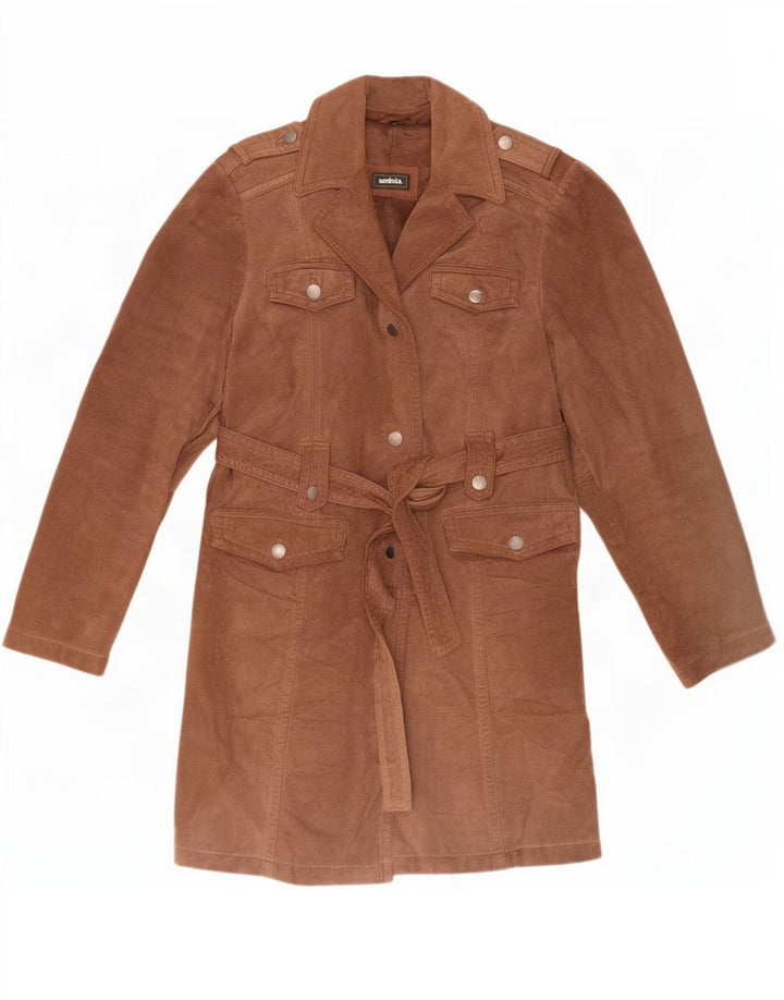 Ambria Womens Military Suede Overcoat IT 46 Large Brown Leather