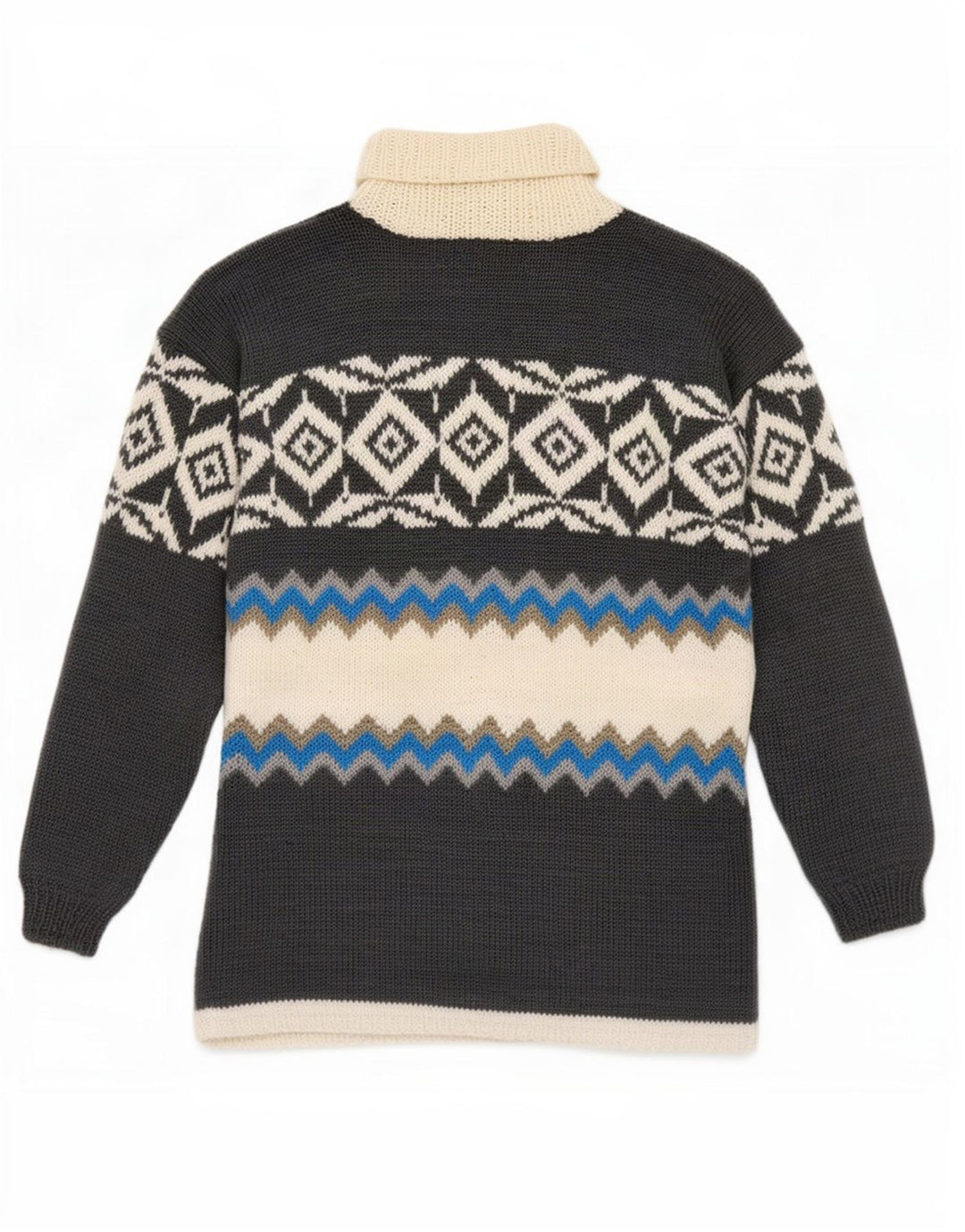 Vintage Mens Roll Neck Jumper Sweater Small Grey Geometric