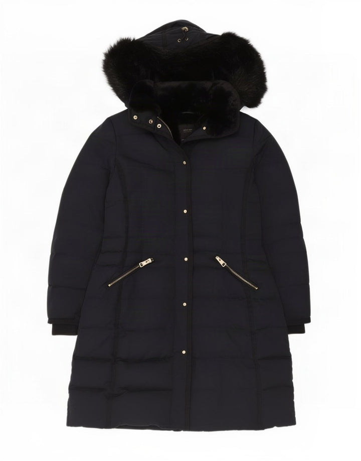 Zara Womens Hooded Padded Coat UK 16 Large Navy Blue Polyester