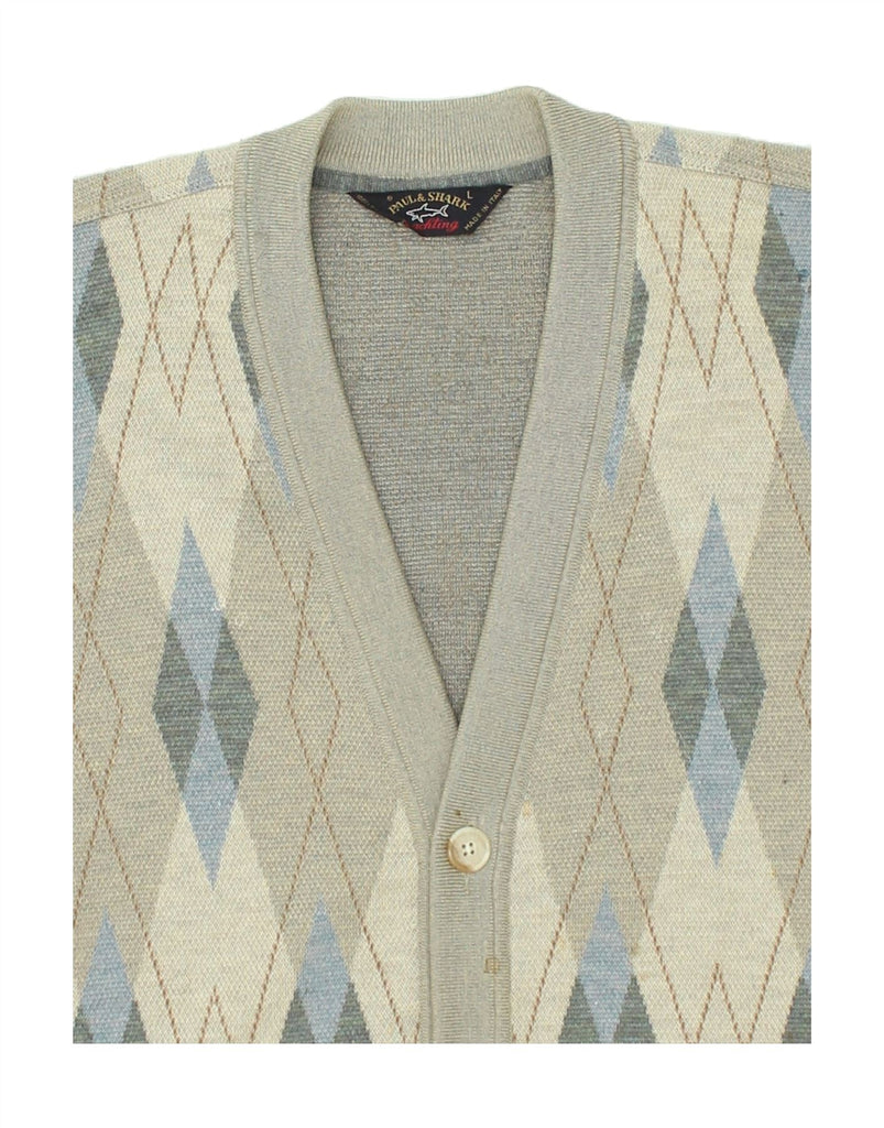 PAUL & SHARK Mens Cardigan Sweater Large Grey Argyle/Diamond Virgin Wool | Vintage Paul & Shark | Thrift | Second-Hand Paul & Shark | Used Clothing | Messina Hembry 