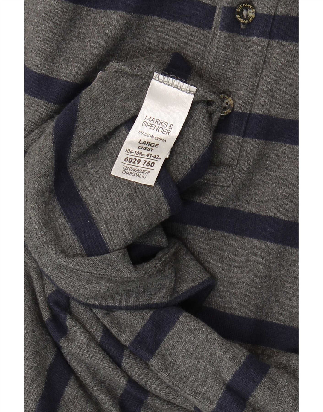 Marks & Spencer Mens Long Sleeve Polo Shirt Large Grey Striped Cotton