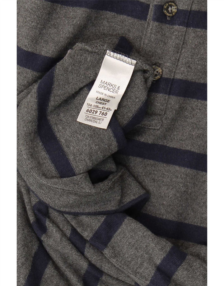 Marks & Spencer Mens Long Sleeve Polo Shirt Large Grey Striped Cotton