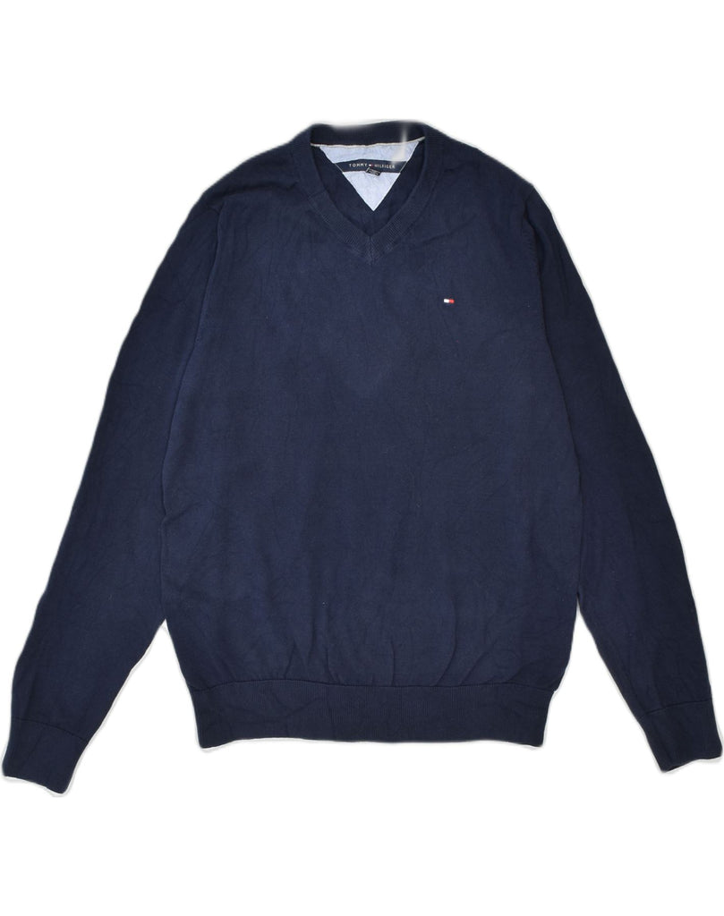 TOMMY HILFIGER Mens V-Neck Jumper Sweater Medium Navy Blue Cotton | Vintage | Thrift | Second-Hand | Used Clothing | Messina Hembry 