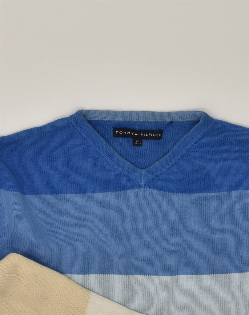 TOMMY HILFIGER Mens V-Neck Jumper Sweater XL Multicoloured Striped Cotton | Vintage Tommy Hilfiger | Thrift | Second-Hand Tommy Hilfiger | Used Clothing | Messina Hembry 