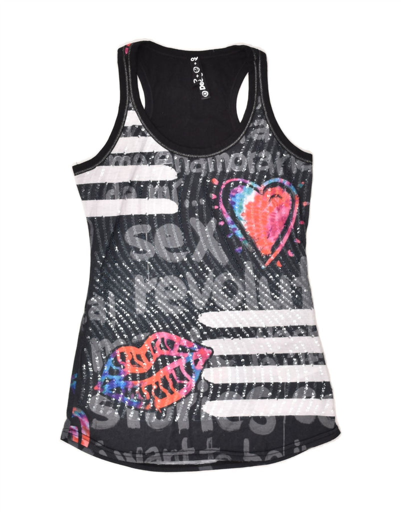 DESIGUAL Womens Graphic Vest Top UK 12 Medium Grey Patchwork Polyester | Vintage Desigual | Thrift | Second-Hand Desigual | Used Clothing | Messina Hembry 