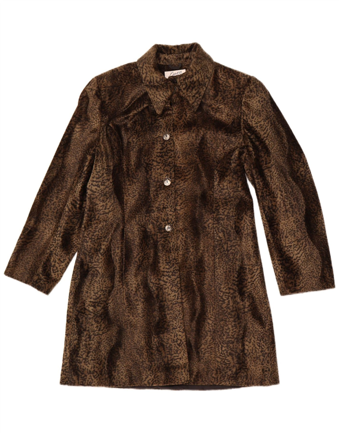 VINTAGE Womens Faux Fur Overcoat UK 14 Medium Brown Animal Print Polyester
