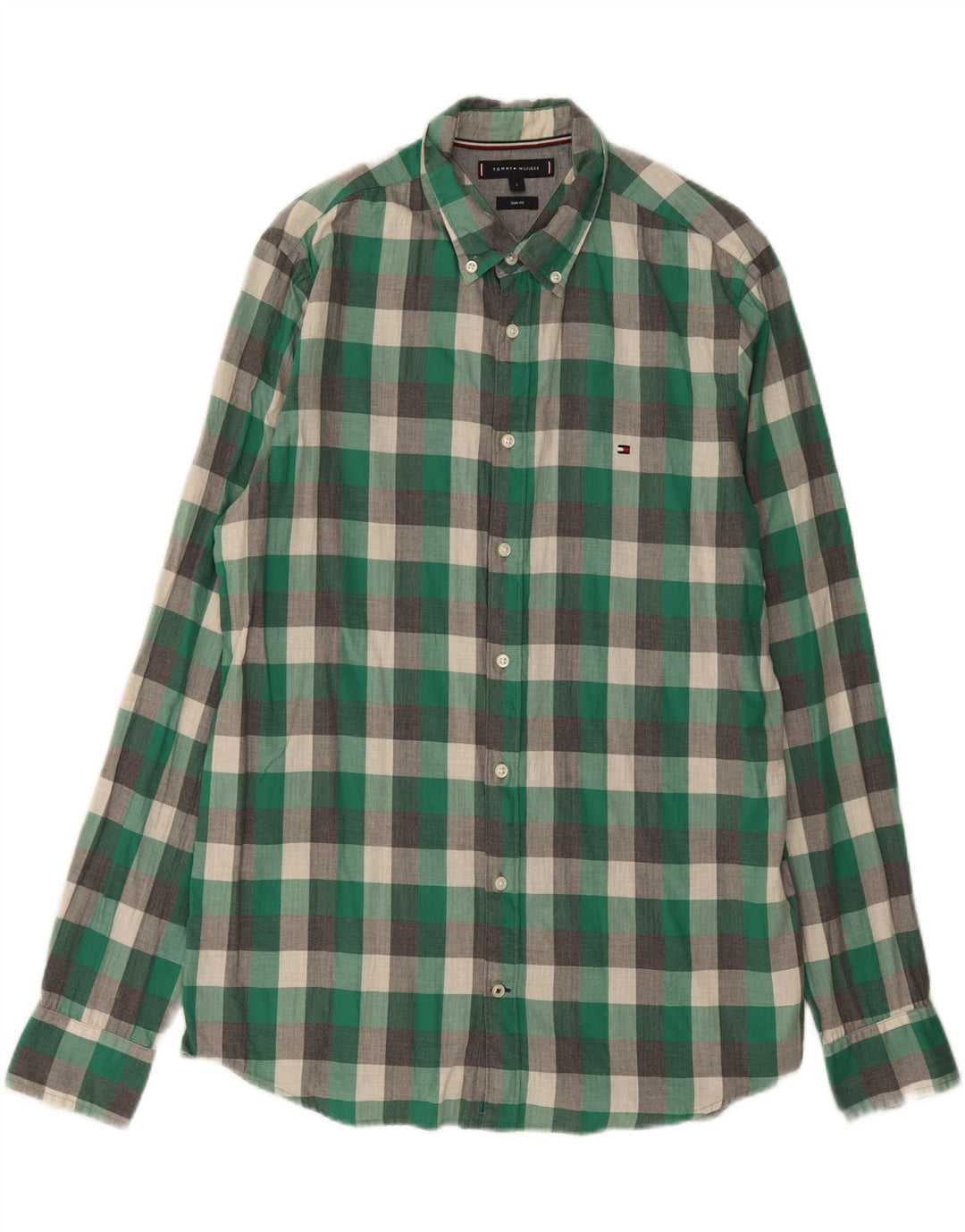 TOMMY HILFIGER Mens Slim Fit Shirt Large Green Check Cotton Vintage Tommy Hilfiger and Second-Hand Tommy Hilfiger from Messina Hembry 