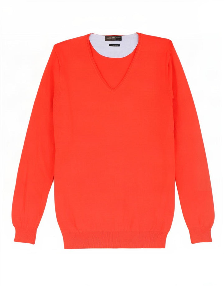 Zara Mens V-Neck Jumper Sweater Large Red Cotton