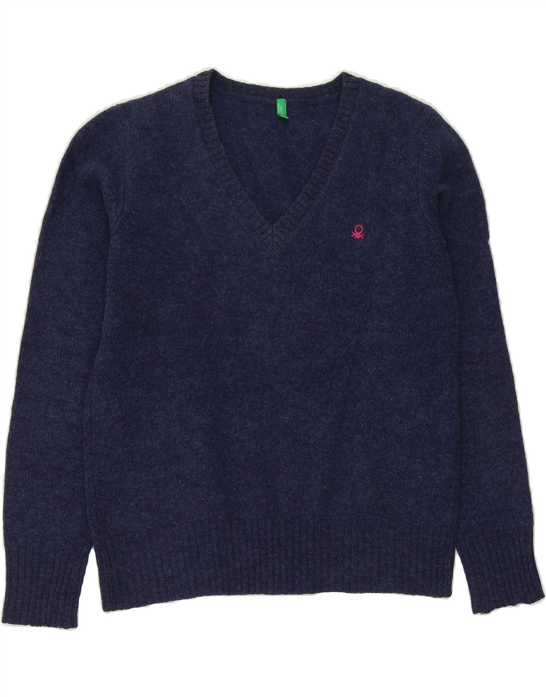 BENETTON Womens V-Neck Jumper Sweater UK 12 Medium Navy Blue Wool Vintage Benetton and Second-Hand Benetton from Messina Hembry 