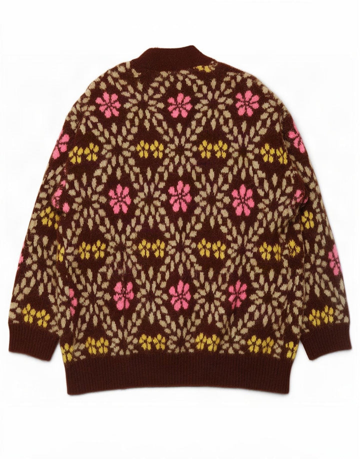 Zara Womens Oversized Cardigan Sweater UK 12 Medium Brown Floral Polyester