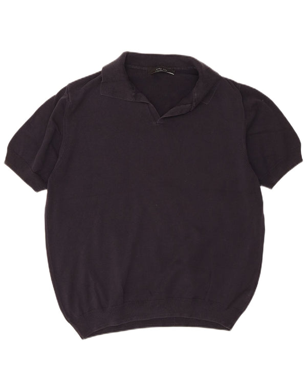 Zara Mens Short Sleeve Polo Neck Jumper Sweater Large Navy Blue