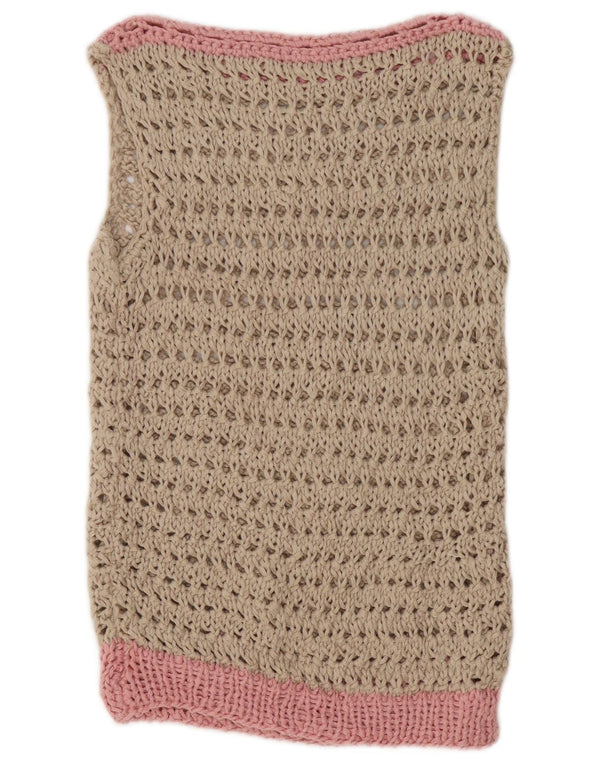 Vintage Womens Crochet Vest Tank Top UK 10 Small Beige Colourblock