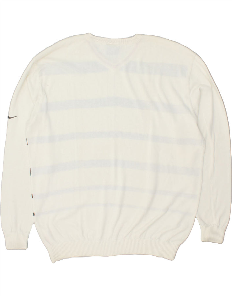 NIKE Mens V-Neck Jumper Sweater UK 47/48 2XL White Striped Cotton Vintage Nike and Second-Hand Nike from Messina Hembry 