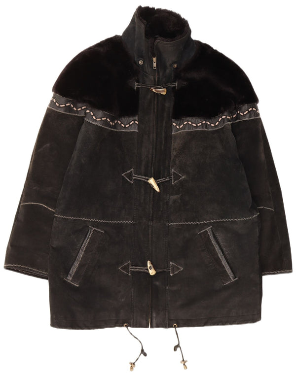 Yuppie Womens Suede Oversized Duffle Coat UK 16 Large Black Geometric