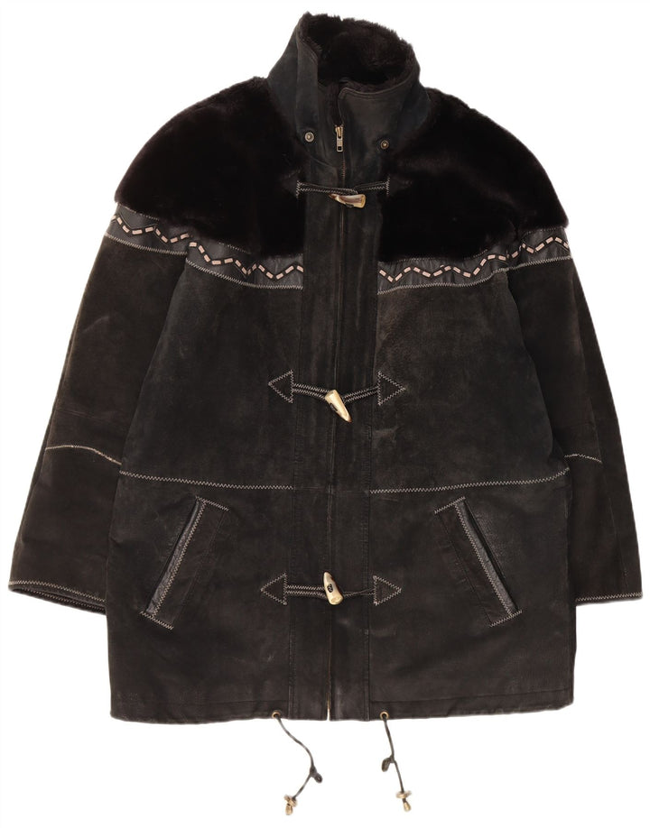Yuppie Womens Suede Oversized Duffle Coat UK 16 Large Black Geometric
