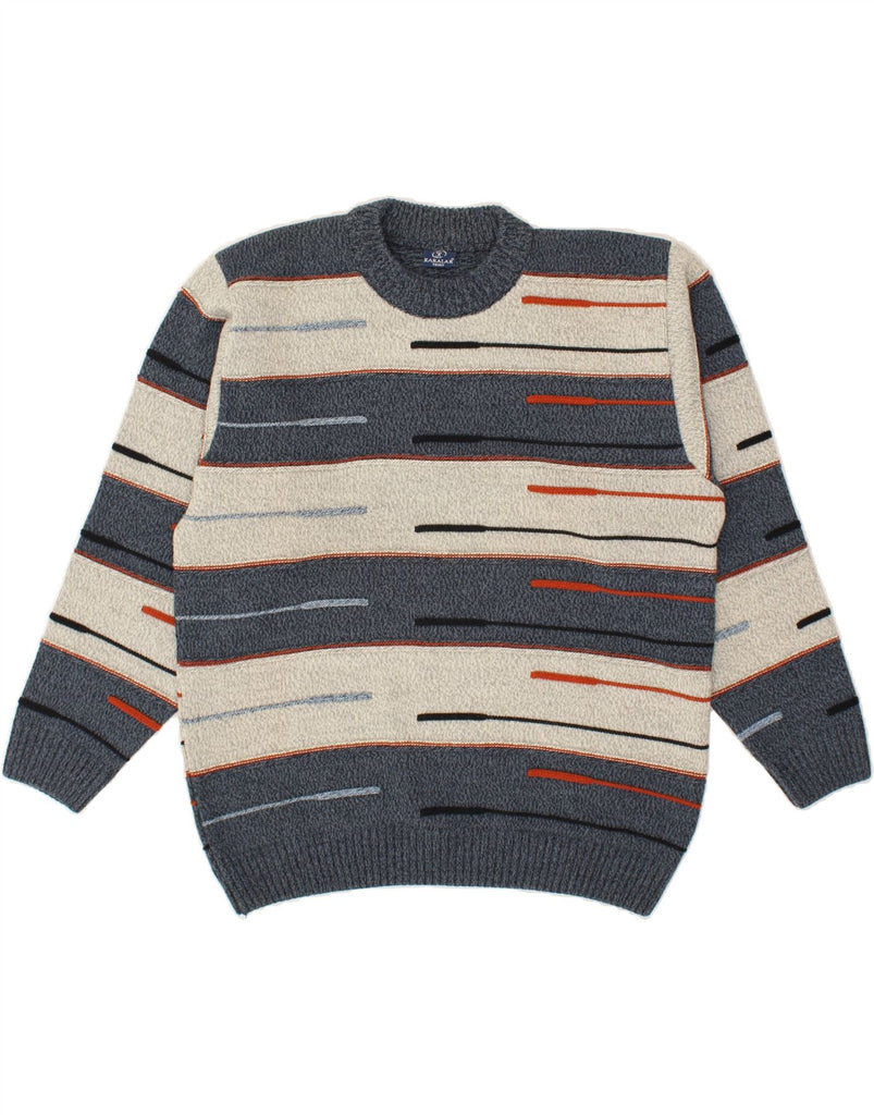 VINTAGE Mens Crew Neck Jumper Sweater Medium Grey Striped | Vintage Vintage | Thrift | Second-Hand Vintage | Used Clothing | Messina Hembry 