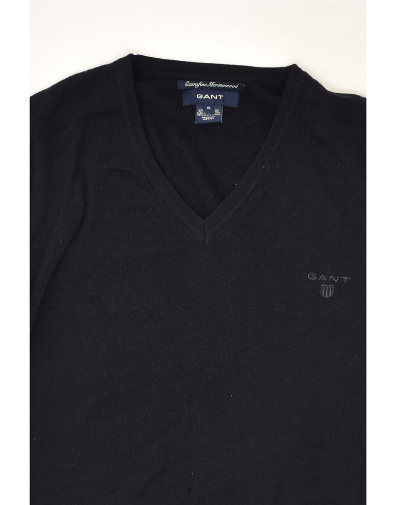 GANT Mens V-Neck Jumper Sweater XL Navy Blue Merino Wool | Vintage Gant | Thrift | Second-Hand Gant | Used Clothing | Messina Hembry 