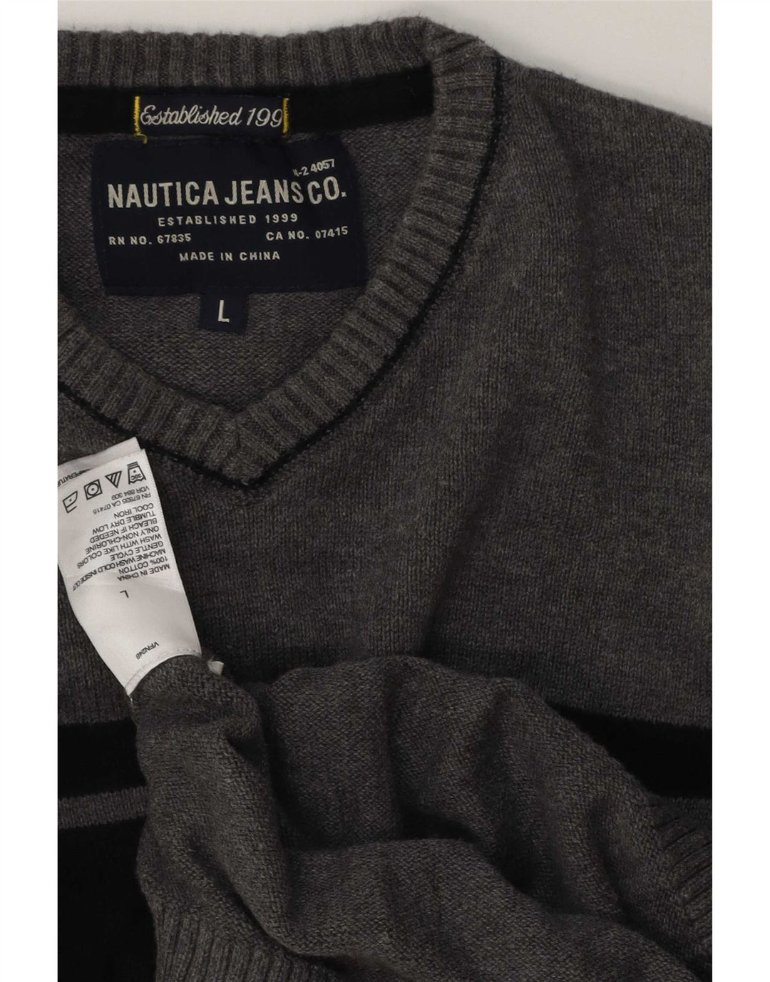 Nautica Mens V-Neck Jumper Sweater Large Grey Cotton