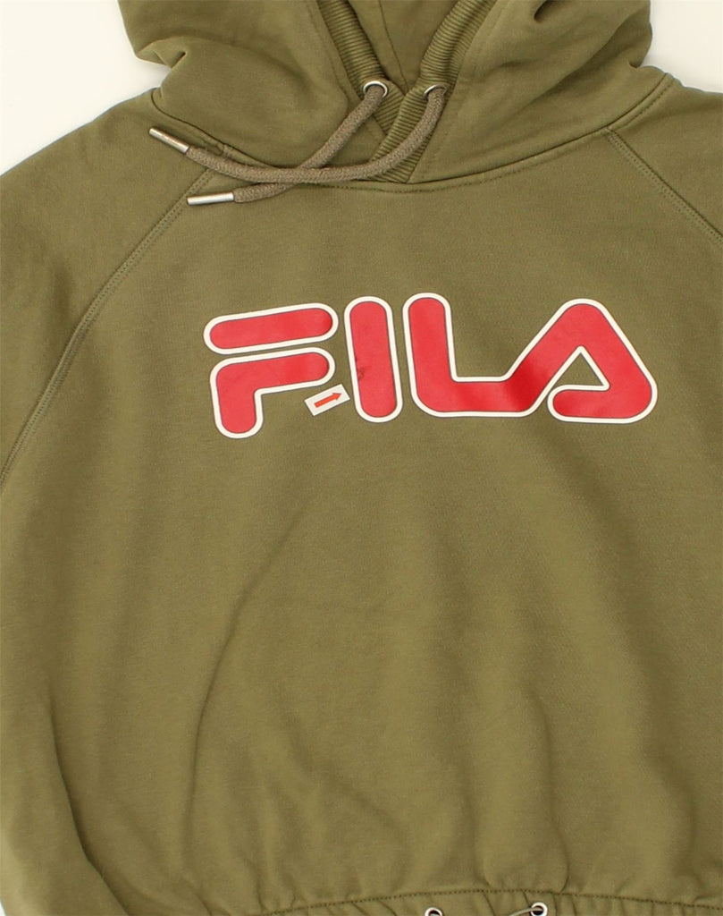 FILA Womens Graphic Hoodie Jumper UK 14 Medium Khaki Cotton | Vintage Fila | Thrift | Second-Hand Fila | Used Clothing | Messina Hembry 