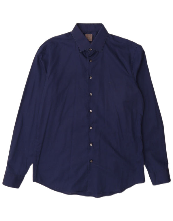Calvin Klein Mens Fitted Shirt Size 41 16 Large Navy Blue Cotton