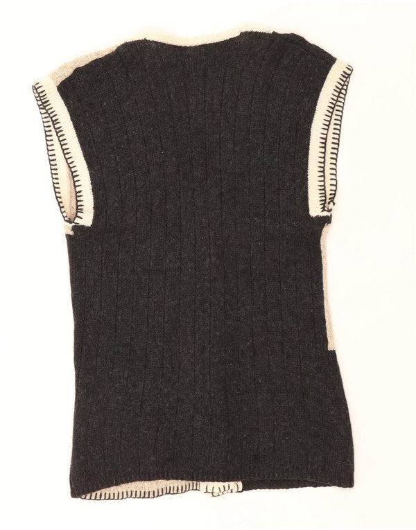 Astor Womens Sleeveless Cardigan Sweater UK 14 Medium Grey Colourblock Wool